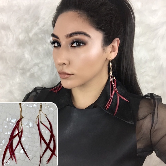 Jewelry - Gold and Burgundy Feather Drop Statement Earrings